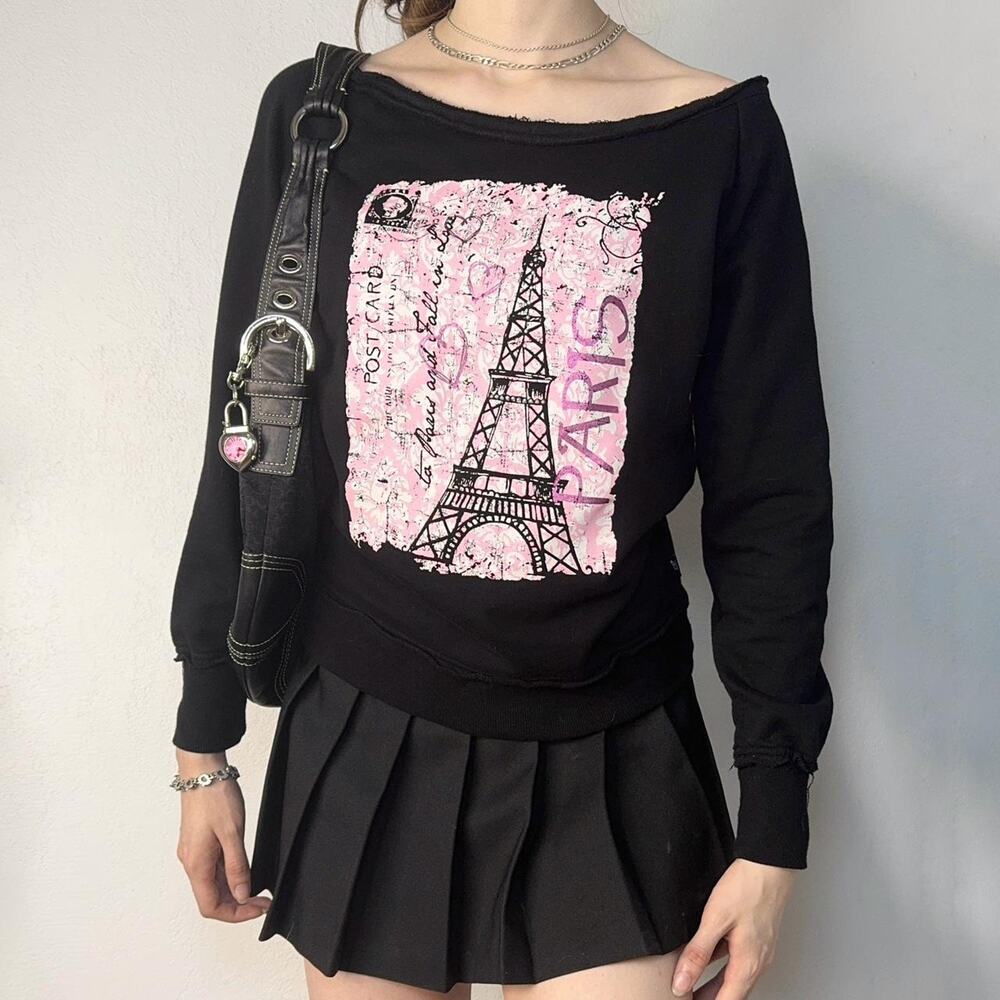 Paris Graphic Off Shoulder Sweatshirt Indie Sleaze Tumblr Y2K Top Small